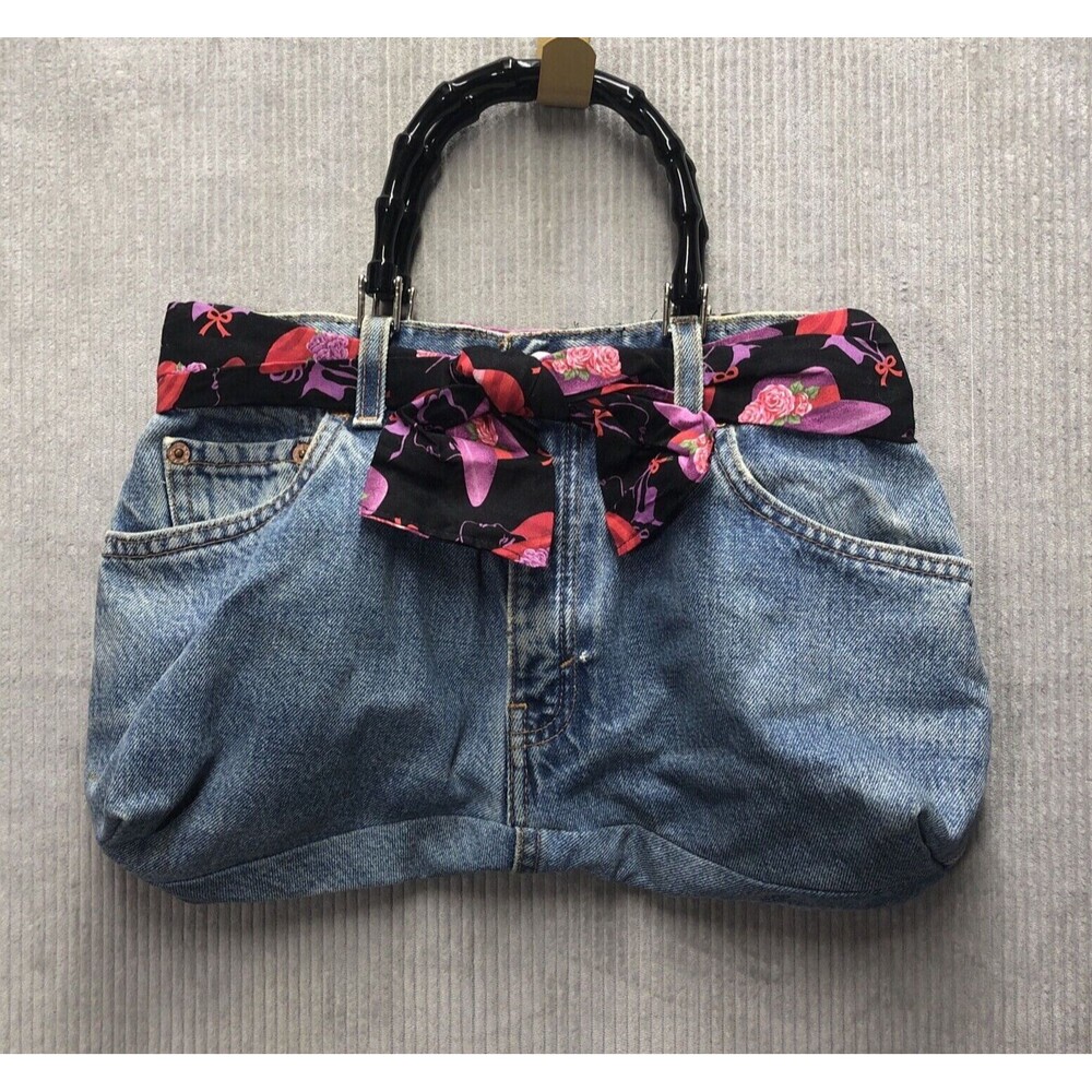 Red Hat Society Denim Jeans Purse Belt Bow Black Wooden Bamboo Handle Lined